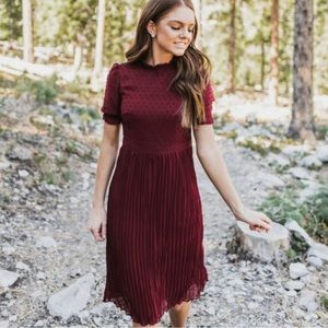 Swiss Dot Pleated Dress (maroon)